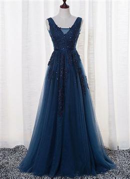 Picture of Blue Long A-line Bridesmaid Dresses, Dark Blue Tulle Party Dresses